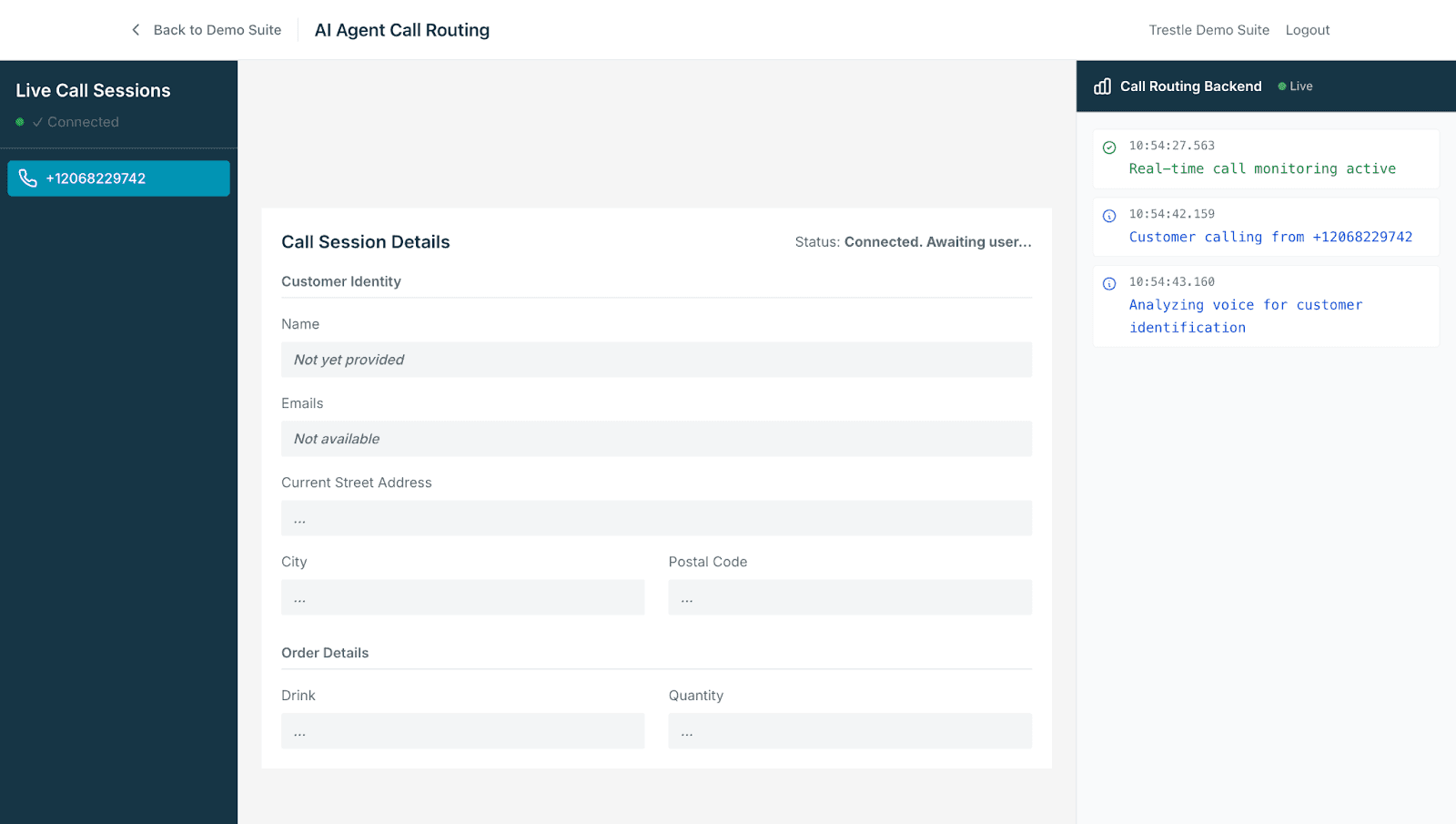 AI Voice Agent Demo showing real-time call monitoring and address pre-fetching