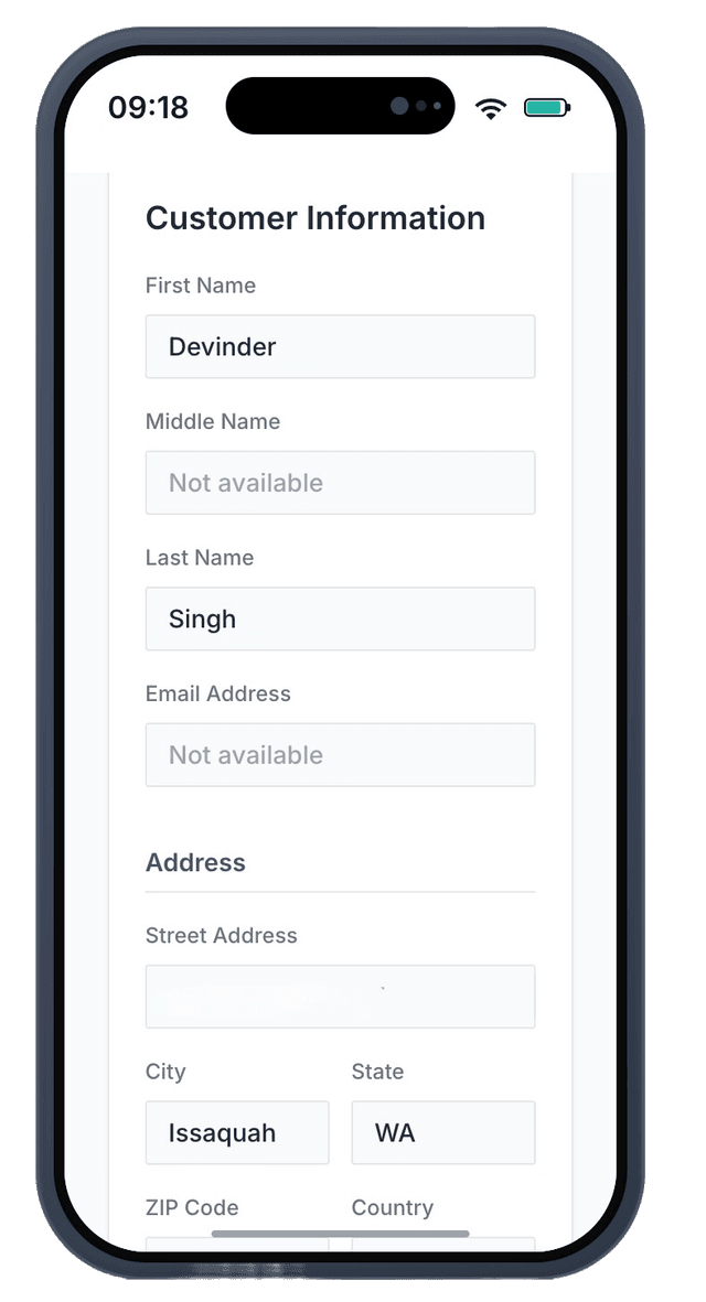 Form automatically populated with complete address information
